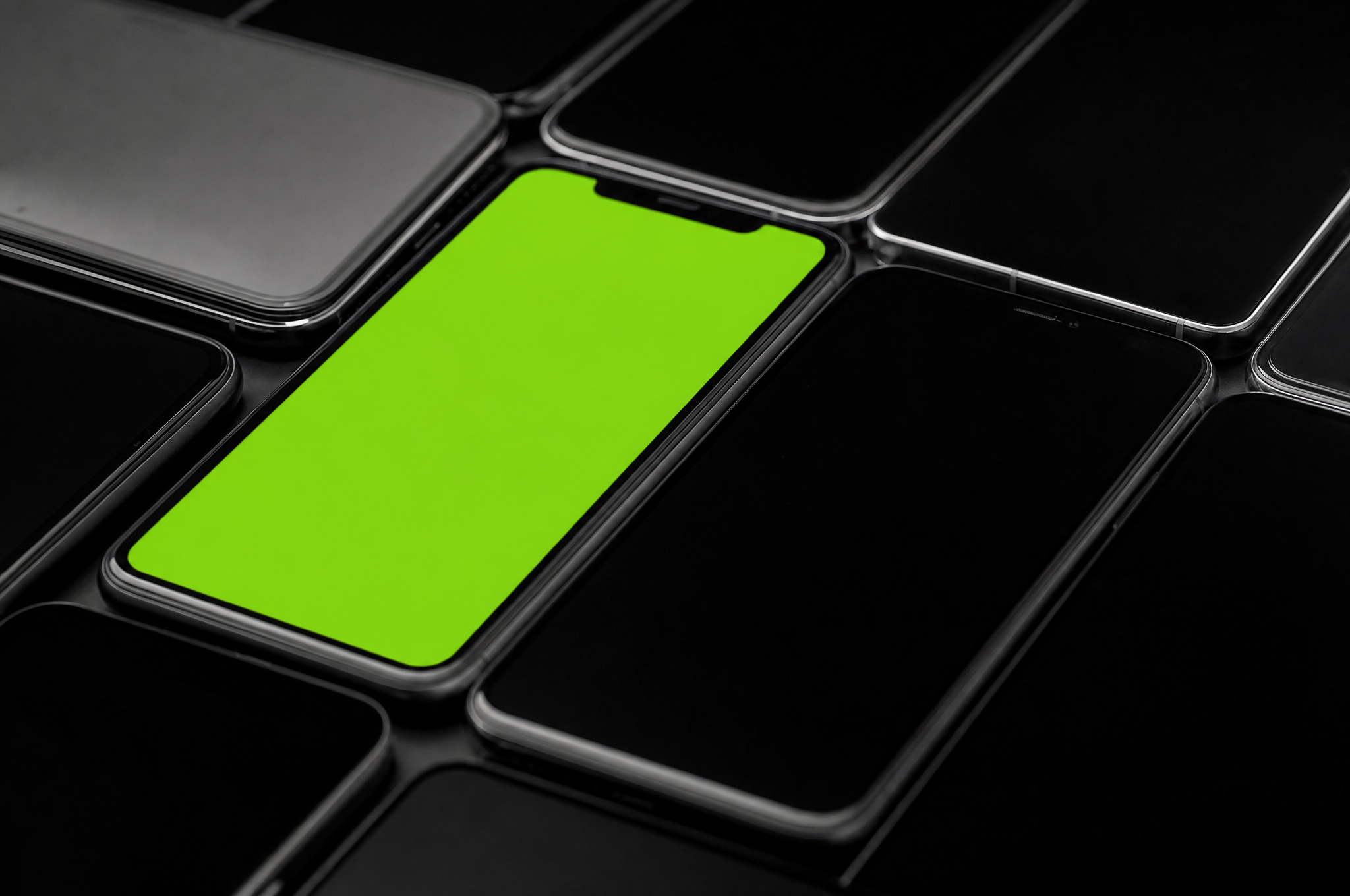 Primo piano su uno smartphone con lo schermo acceso in verde lime tra dispositivi spenti