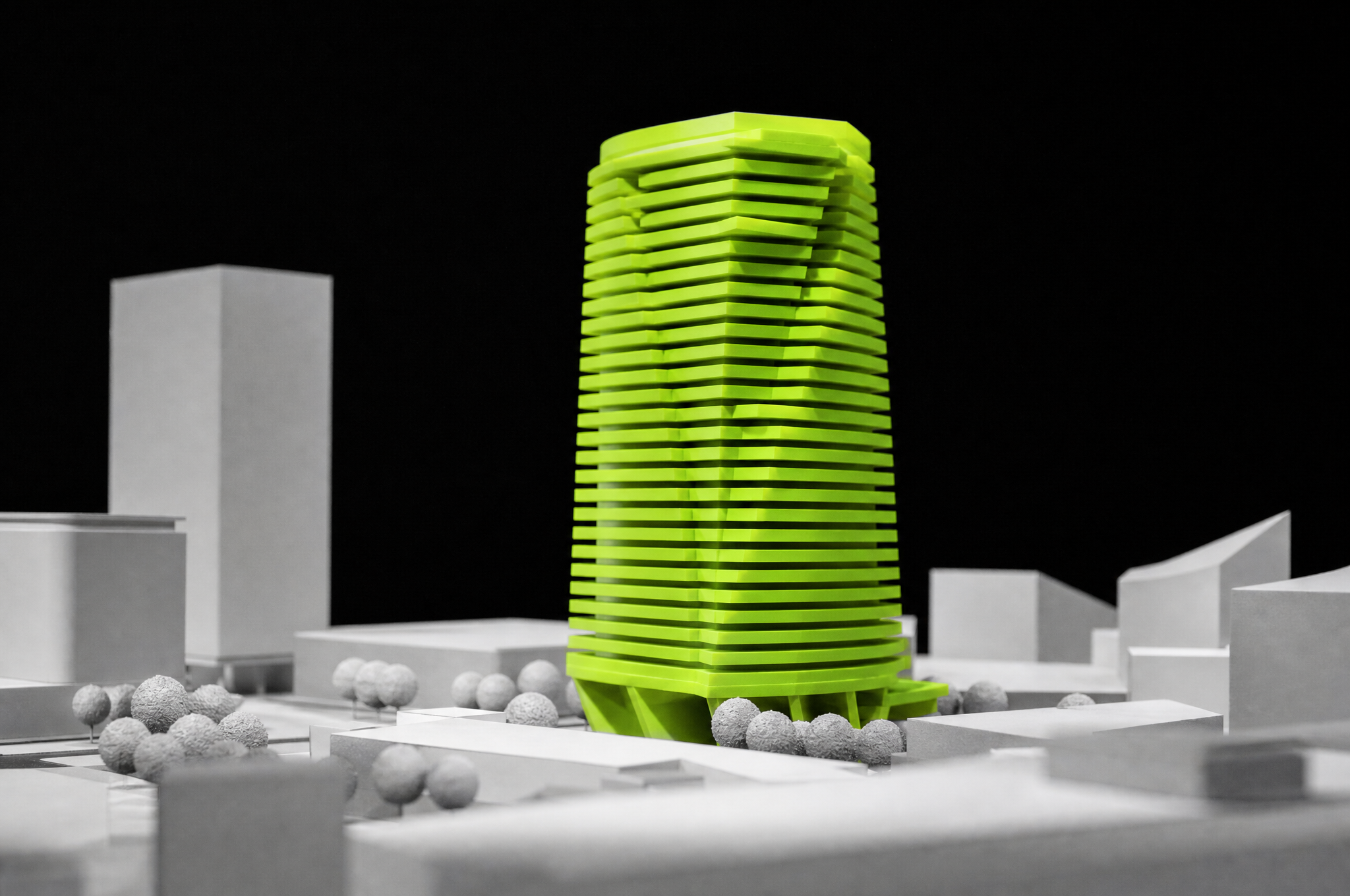 Primo piano su un edificio del plastico architettonico illuminato in verde lime
